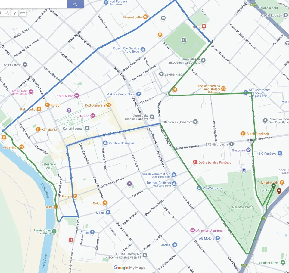 Mapa trase Biciklijade 08 kroz Pančevo: iz parka Barutana Prvomajskom i Miloša Trebinjca do centra, Vojvode Radomira Putnika i Vojvode Petra Bojovića do Tamiša, kejom uz nasip, Svetozara Miletića i Radničkom na sever, pa Oslobođenja, Lava Tolstoja, Sterijinom i Bore Stankovića nazad u Barutanu